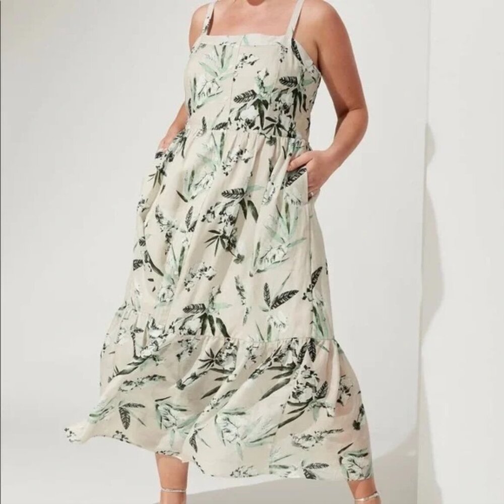 Banana Republic Ramie Button Front Maxi Dress in Khaki Floral Size XS